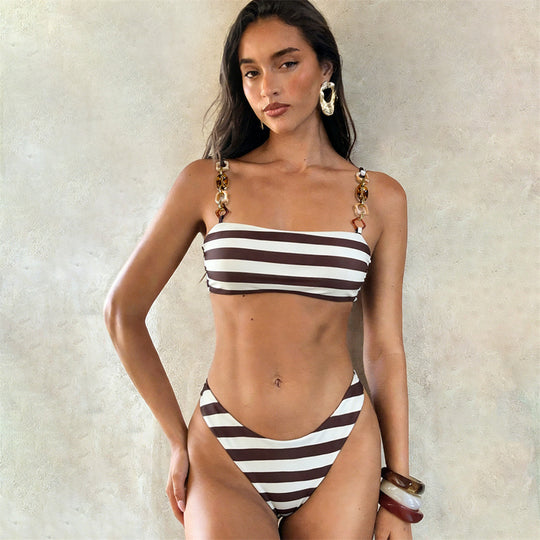 Damen Bikini mit modischem Streifenmuster und glamourösen Details EB