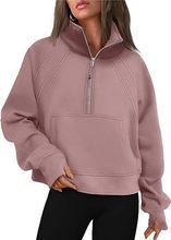 Damen nan weit geschnittenes Kurzpullover mit Stehkragen, halbem Reißverschluss und Kängurutasche EB