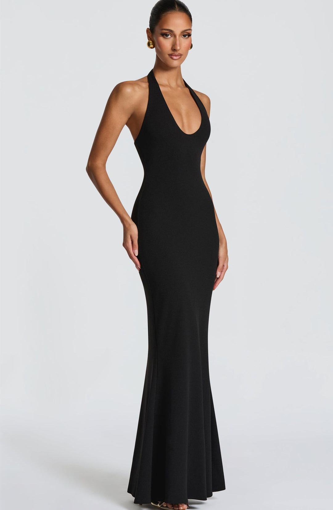Damen Elegantes Bodenkleid mit tiefem V-Ausschnitt und figurbetontem Design EB