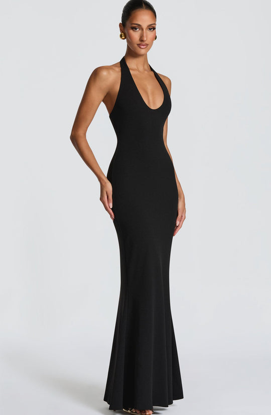 Damen Elegantes Bodenkleid mit tiefem V-Ausschnitt und figurbetontem Design EB