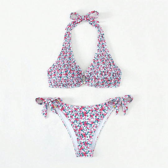 Damen Triangel-Bikini mit buntem Blumenmuster und verstellbaren Bindebändern EB