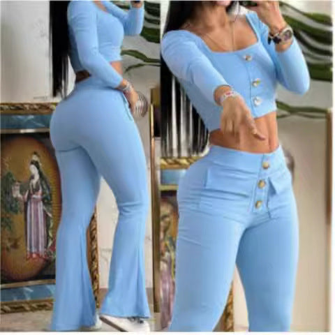 Damen modisches cropped Oberteil mit Flared-Hose und Knopfdetails EB