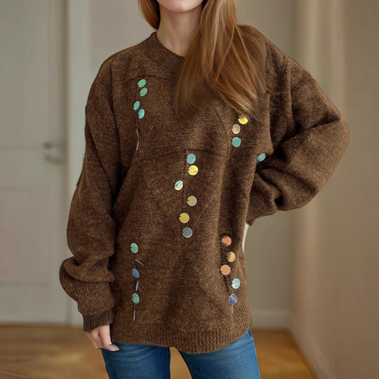 Damen lässiger Pullover mit dekorativen Pailletten und strukturiertem Maschenmuster EB