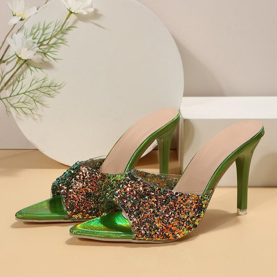 Damen Glänzende High Heel Pantoletten mit funkelndem Dekor EB