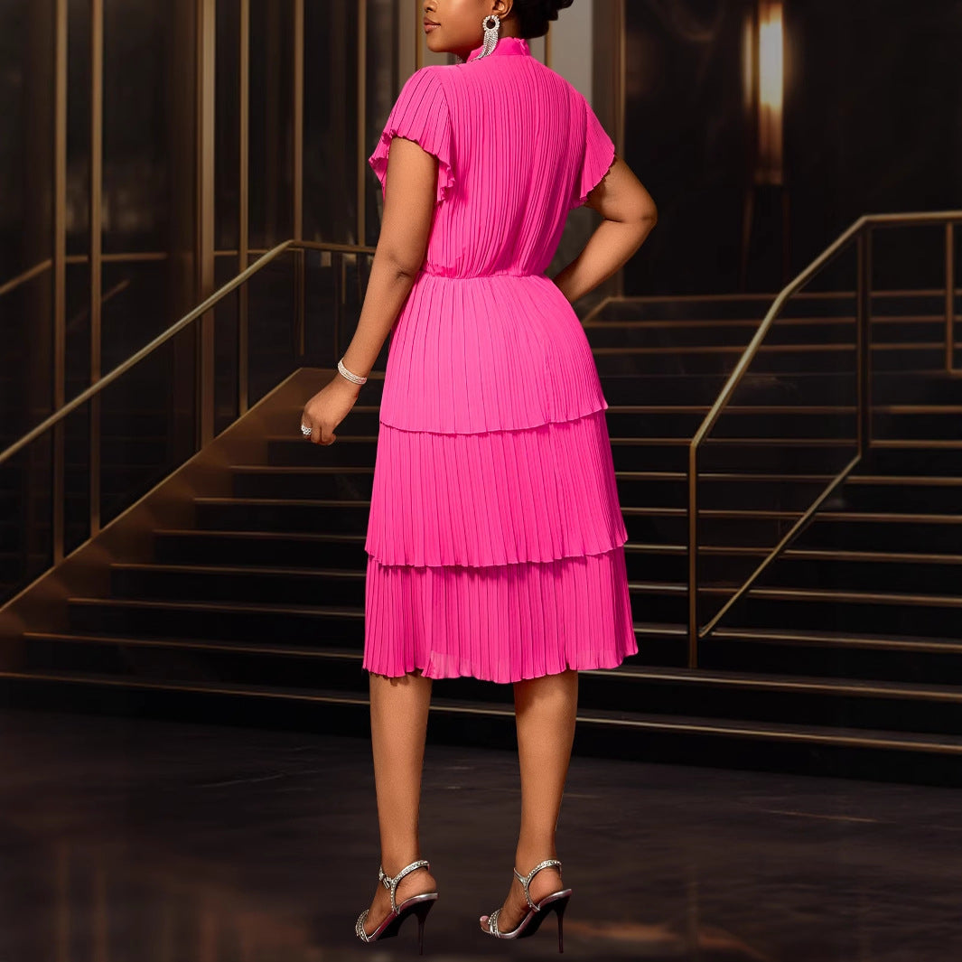 Damen plissiertes Midi-Kleid mit Schleifenakzent EB