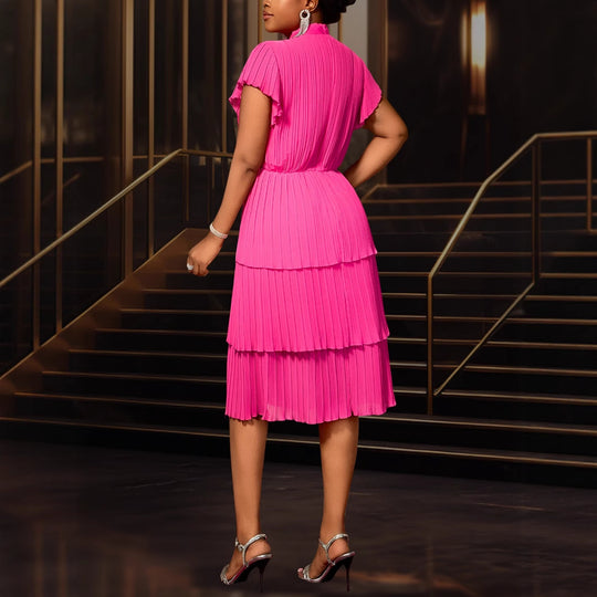 Damen plissiertes Midi-Kleid mit Schleifenakzent EB