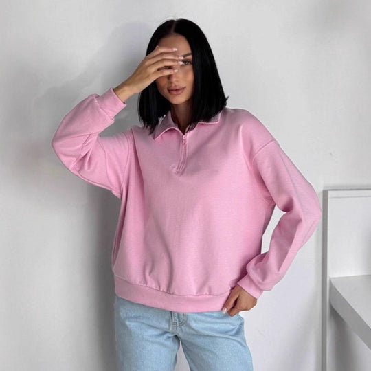 Damen Oversized Sweatshirt mit halbem Reißverschluss und elastischem Saum EB