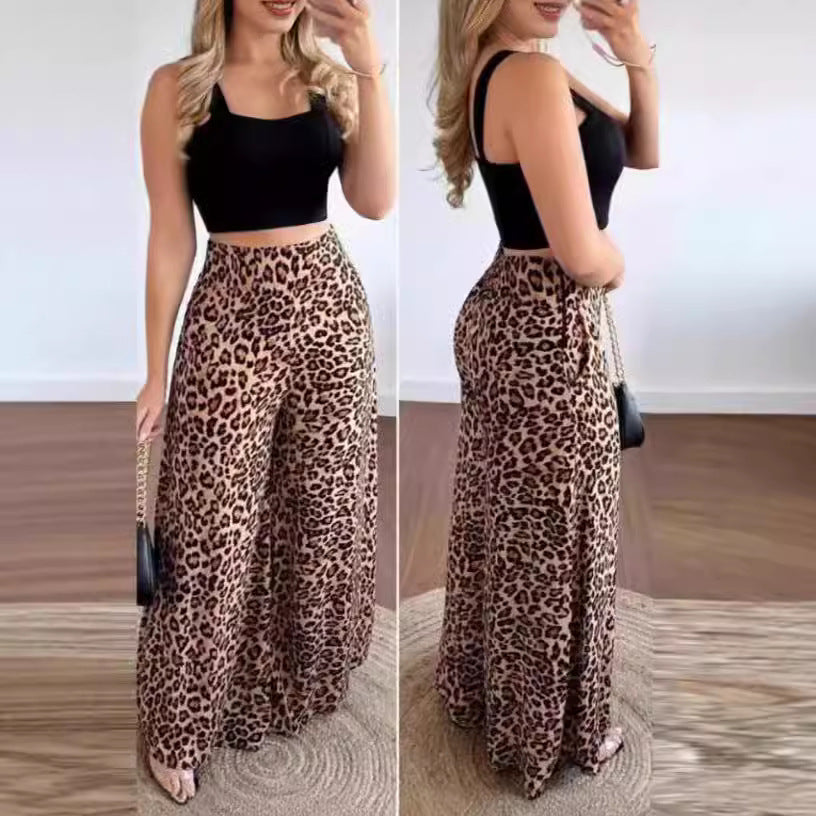 Damen Weite Leoprint-Hose mit hohem Bund und elastischem Taillenbund EB