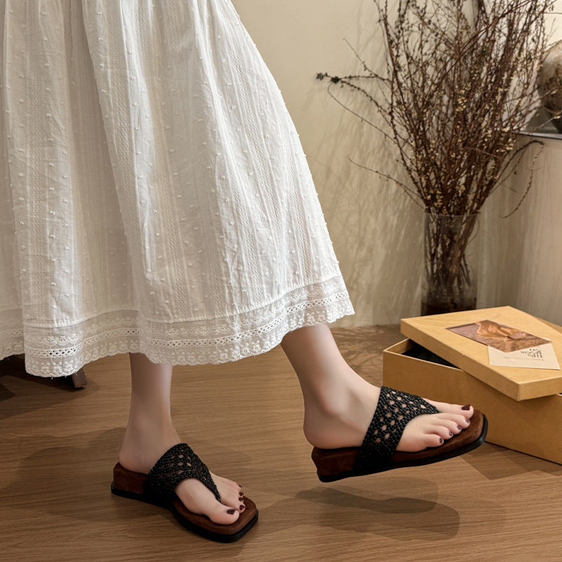 Damen Bequeme Zehentrenner-Sandalen mit hochwertigen geflochtenen Riemen und rutschfester Sohle EB