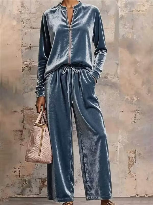 Damen nan samtiges Lounge-Set mit Stehkragen Reißverschlussoberteil und Kordelbundhose EB