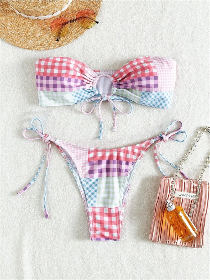Damen Bikini-Set mit verspieltem Karomuster und verstellbaren Bindebändern EB