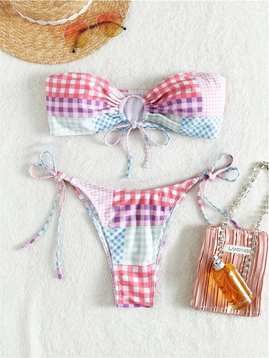 Damen Bikini-Set mit verspieltem Karomuster und verstellbaren Bindebändern EB