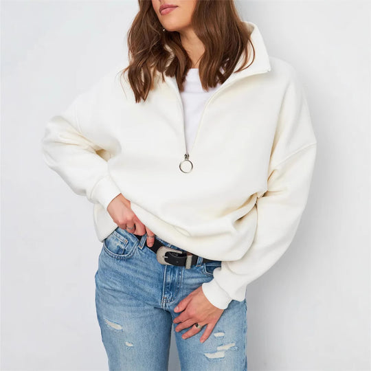 Damen Oversized Halbzip Sweater mit hohem Stehkragen und Rippbündchen EB