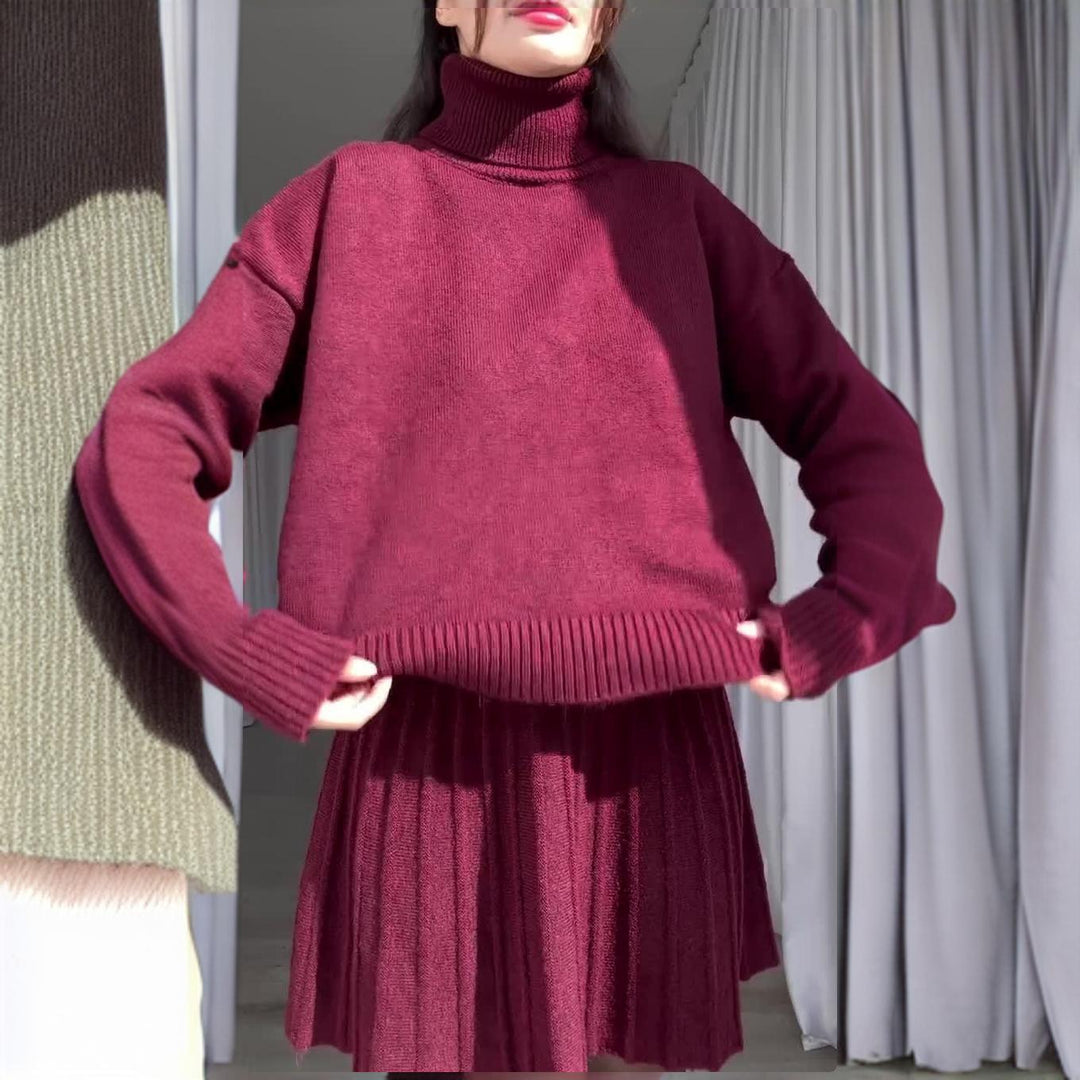 Damen Elegantes Strickensemble mit Rollkragen und fließendem Rock EB