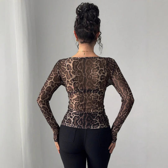 Damen nan eng anliegendes semitransparentes Meshshirt mit Leopardenmuster und Rundhalsausschnitt EB