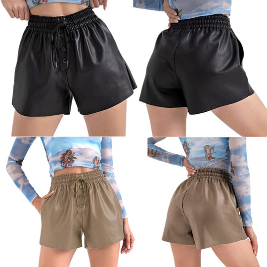 Damen lässige Shorts aus innovativem Kunstleder mit elastischem Bund und praktischen Knopfdetails EB