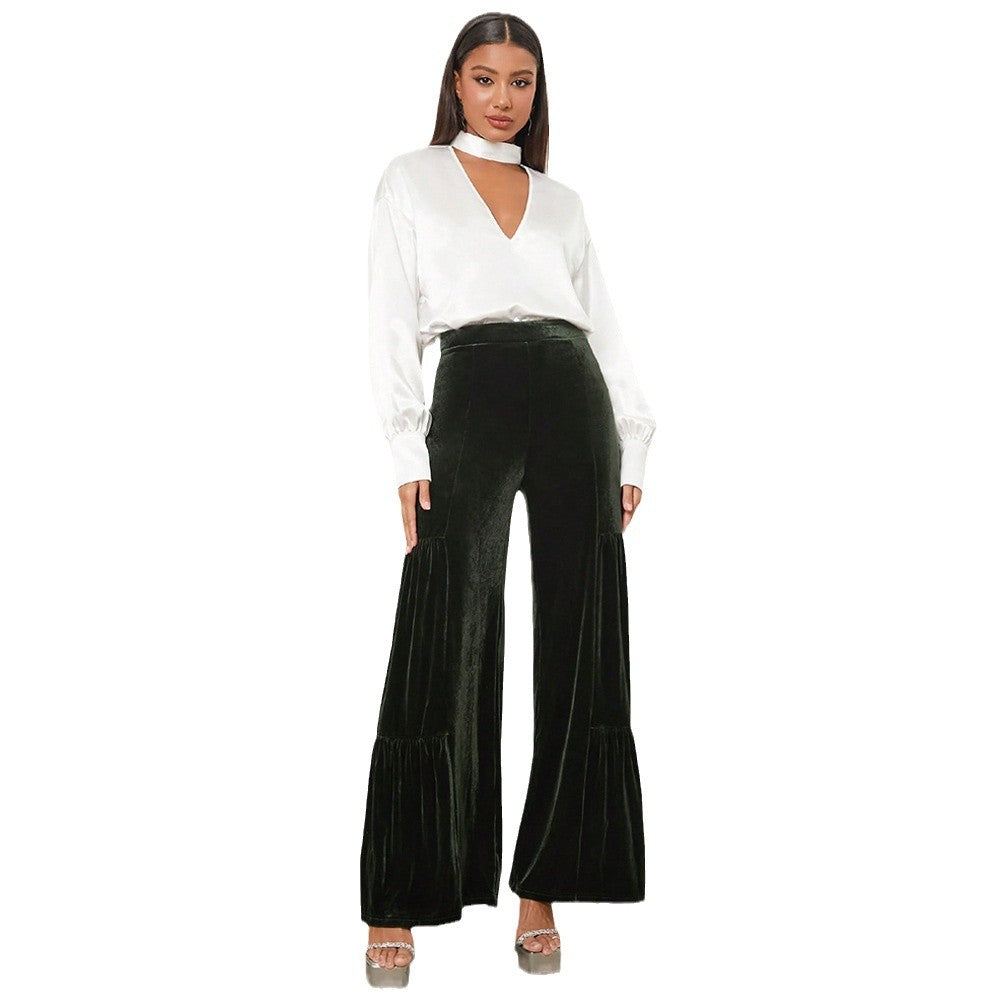 Damen Elegante Samt-Hosen mit Weitem Bein und Hohem Bund EB