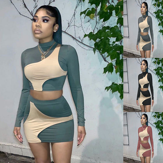Damen Buntes Crop-Top und Minirock-Set mit asymmetrischem Design EB