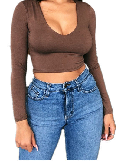 Damen figurbetontes Langarm-Crop-Top mit V-Ausschnitt EB