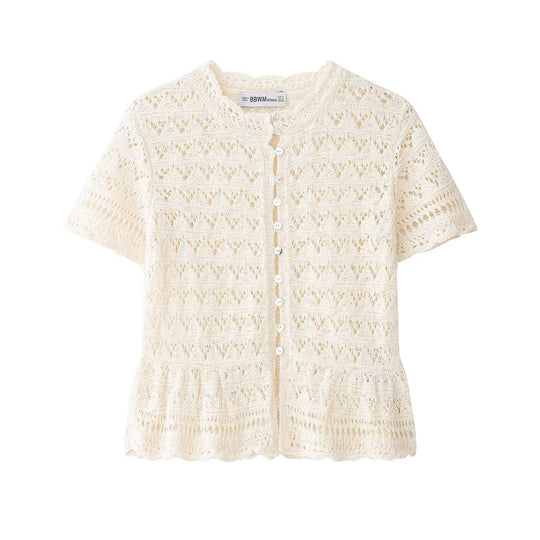 Damen feine Kurzarm-Bluse mit romantischem Spitzenmuster EB