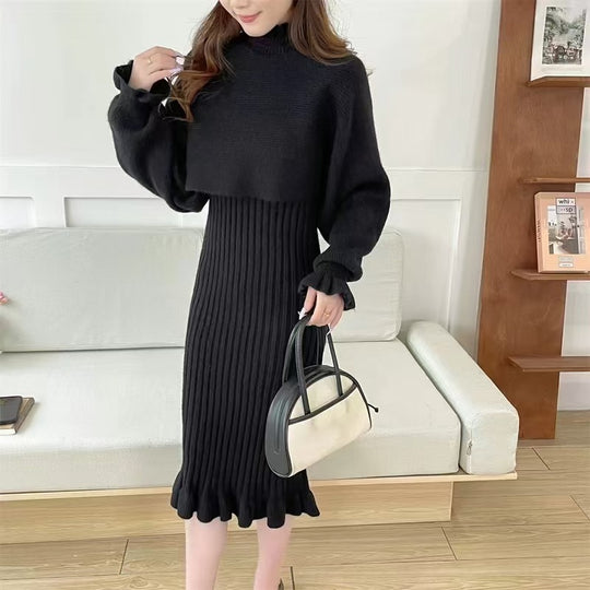Damen Strickkleid mit hochgeschlossenem Kragen und Rippstruktur EB