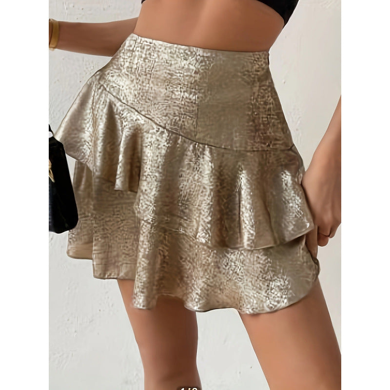Damen Minirock mit voluminösem Volant und glänzendem Finish EB