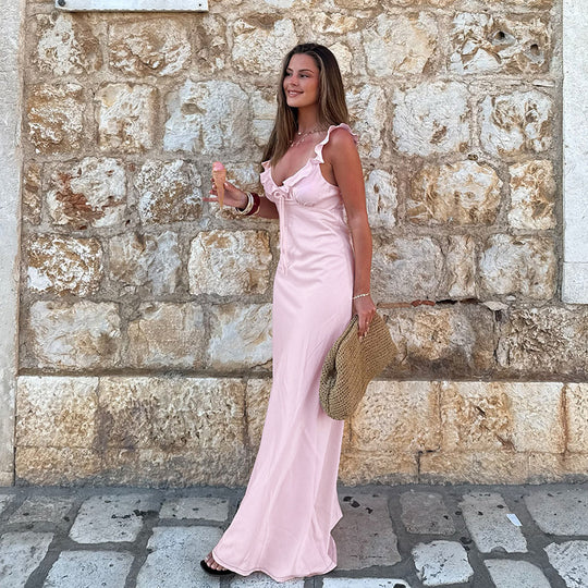 Damen Maxikleid mit Rüschendetails und Kordelzug EB