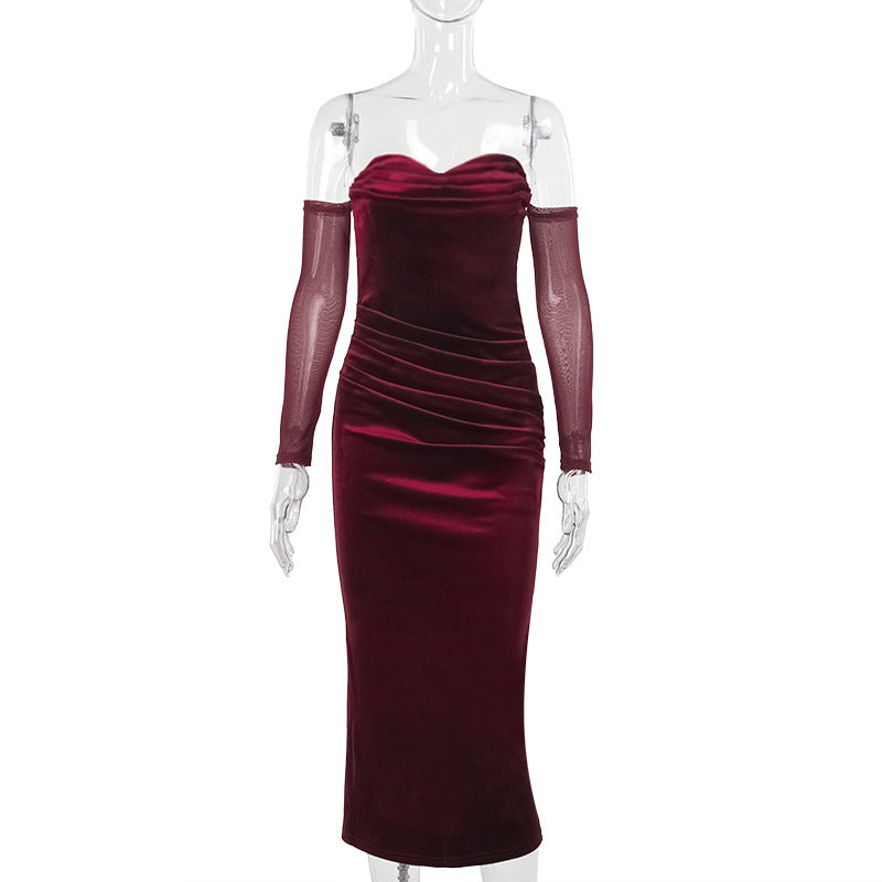 Damen figurbetontes Midi-Kleid mit transparenten Ärmeln und Rüschendetails EB