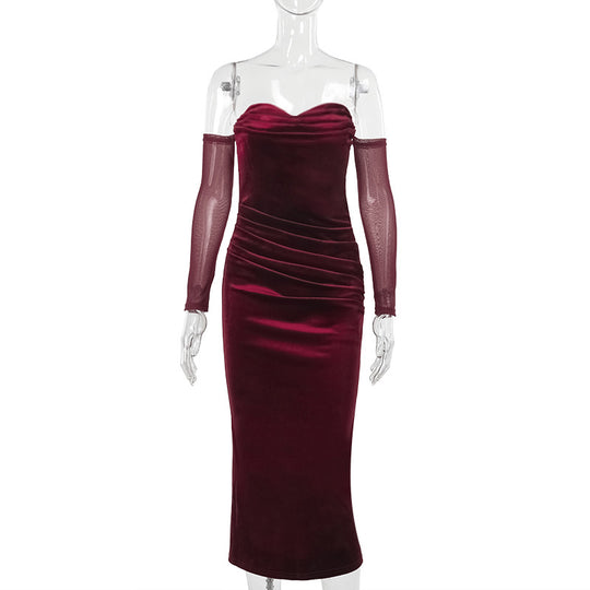 Damen figurbetontes Midi-Kleid mit transparenten Ärmeln und Rüschendetails EB