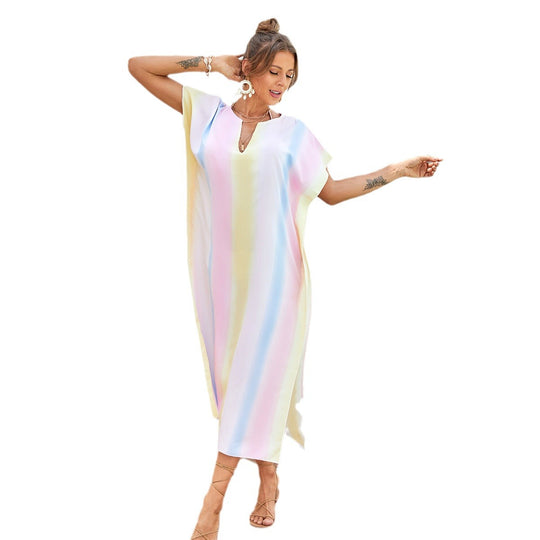 Damen lässiges Strandkleid mit V-Ausschnitt und luftigen Ärmeln EB