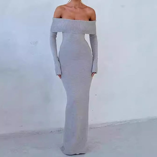 Damen Figurbetontes Off-Shoulder Maxikleid mit langen Ärmeln EB