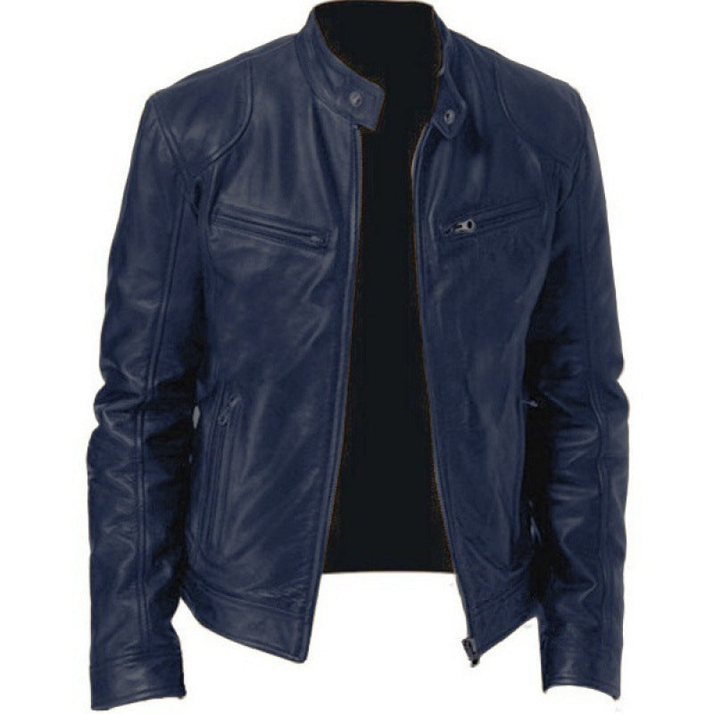 Herren nan schlanke Echtleder-Bikerjacke mit Stehkragen, zwei Brust-Reißverschlusstaschen und geradliniger Silhouette EB