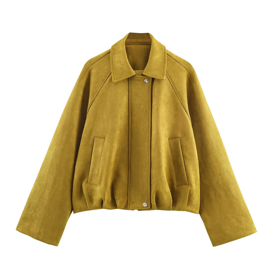 Damen modische Wildlederjacke mit hohem Kragen und praktischen Taschen EB