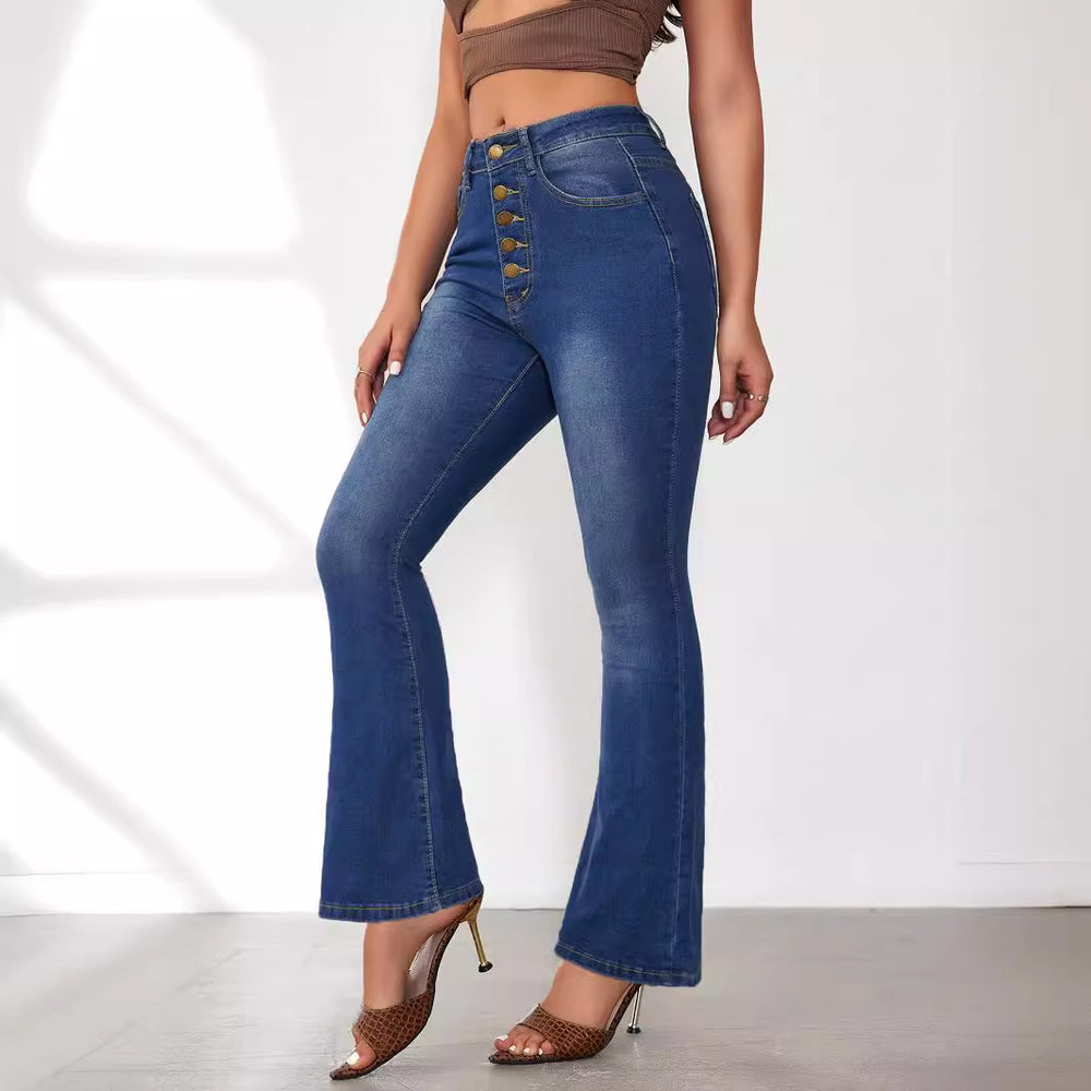Damen Flared Jeans mit hohen Bund und modischen Knopfdetails EB