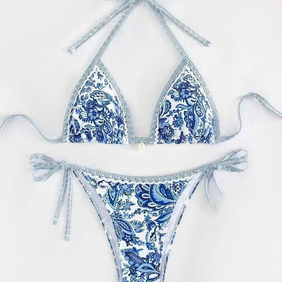 Damen Triangel-Bikini mit floralem Muster und verstellbaren Bindebändern EB