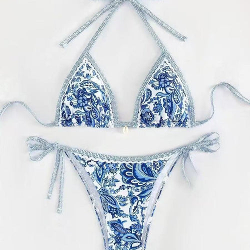 Damen Triangel-Bikini mit floralem Muster und verstellbaren Bindebändern EB