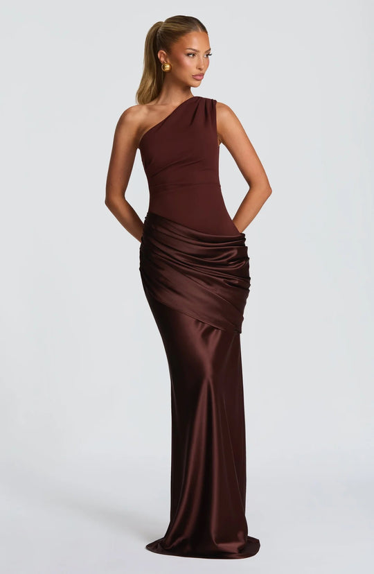 Damen elegantes asymmetrisches Satin-Abendkleid mit Drapé-Design EB