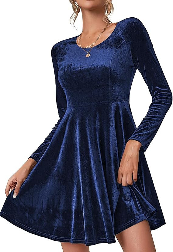 Damen Elegantes A-Linien Kleid aus Samt mit langen Ärmeln EB