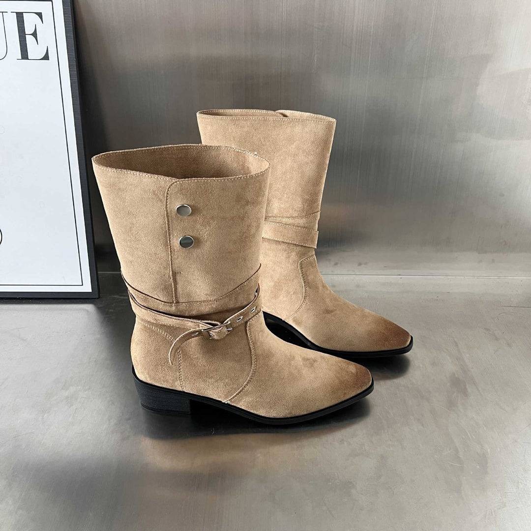 Damen Elegante Stiefel aus hochwertigem Wildleder mit modischem Schnallenverschluss EB