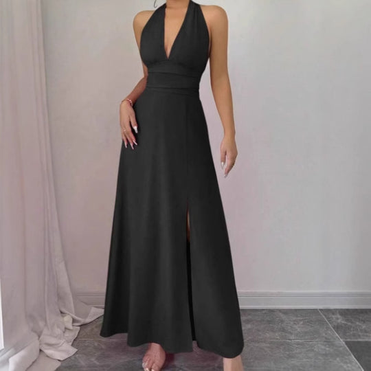 Damen schulterfreies Maxikleid mit verführerischem V-Ausschnitt und hochgeschlitztem Rock EB