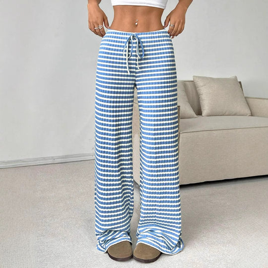 Damen lässige Palazzo-Hose mit seitlichem Kordelzug und modernen Streifen EB