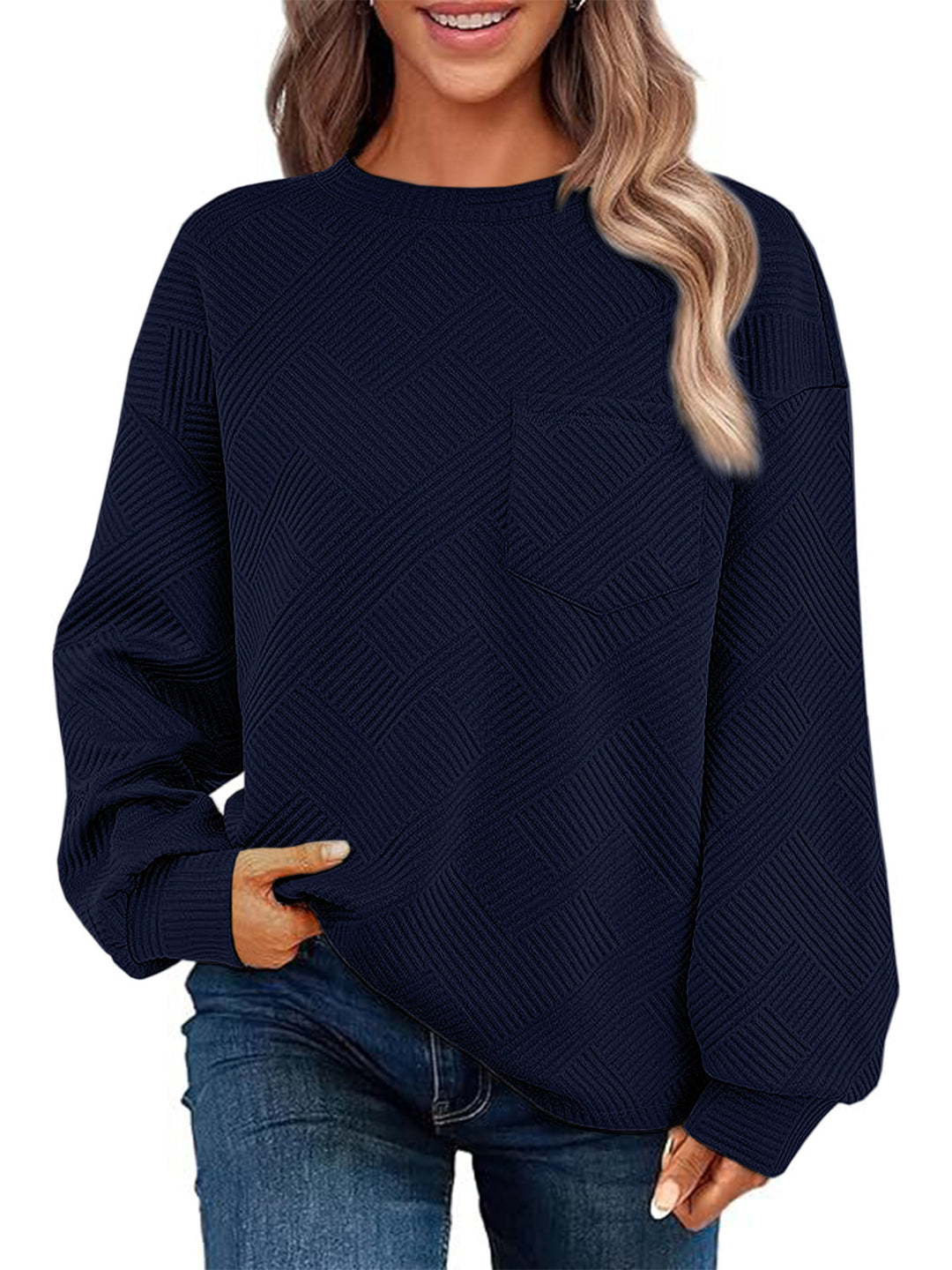 Damen Lässiger Pullover mit strukturiertem Muster und praktischen Taschen EB
