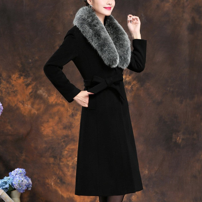Damen elegante Wollmantel mit abnehmbarem Pelzkragen EB