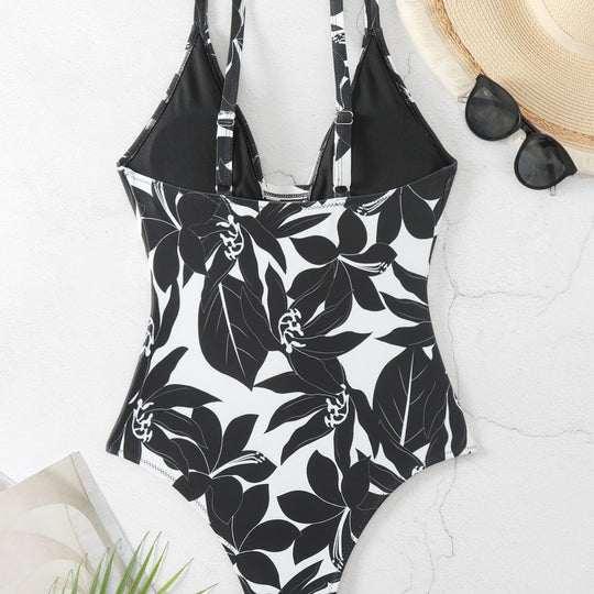 Damen Einteiler Badeanzug mit elegantem floralem Design und modernem V-Ausschnitt EB