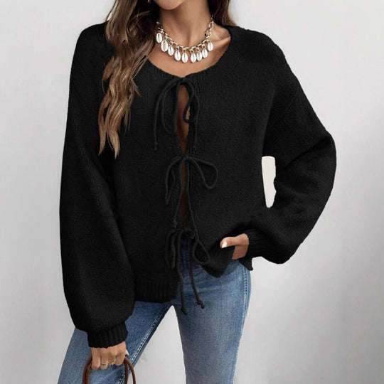 Damen Strickpullover mit dekorativem Schnürdesign und lässigen Ballonärmeln EB