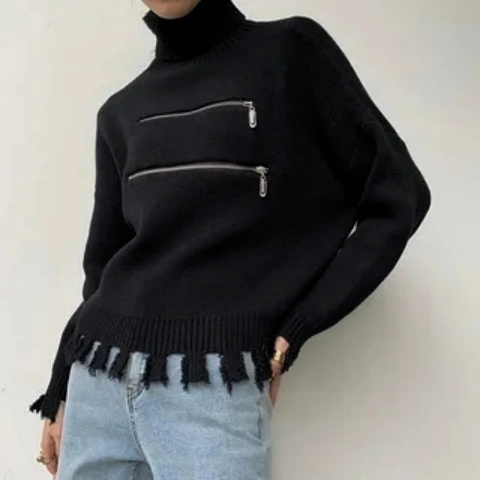 Damen stylischer Stehkragenpullover mit zwei asymmetrischen Reißverschlusstaschen und fransigem Saum EB