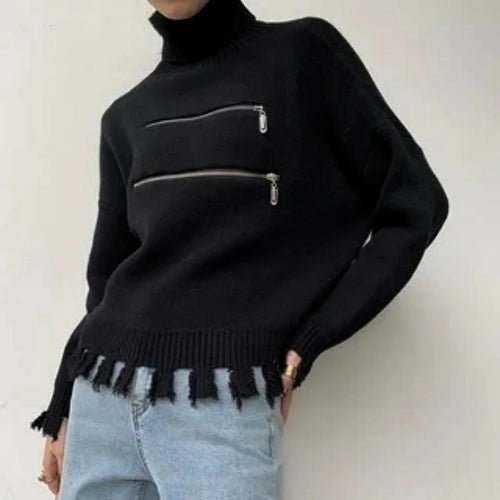 Damen stylischer Stehkragenpullover mit zwei asymmetrischen Reißverschlusstaschen und fransigem Saum EB