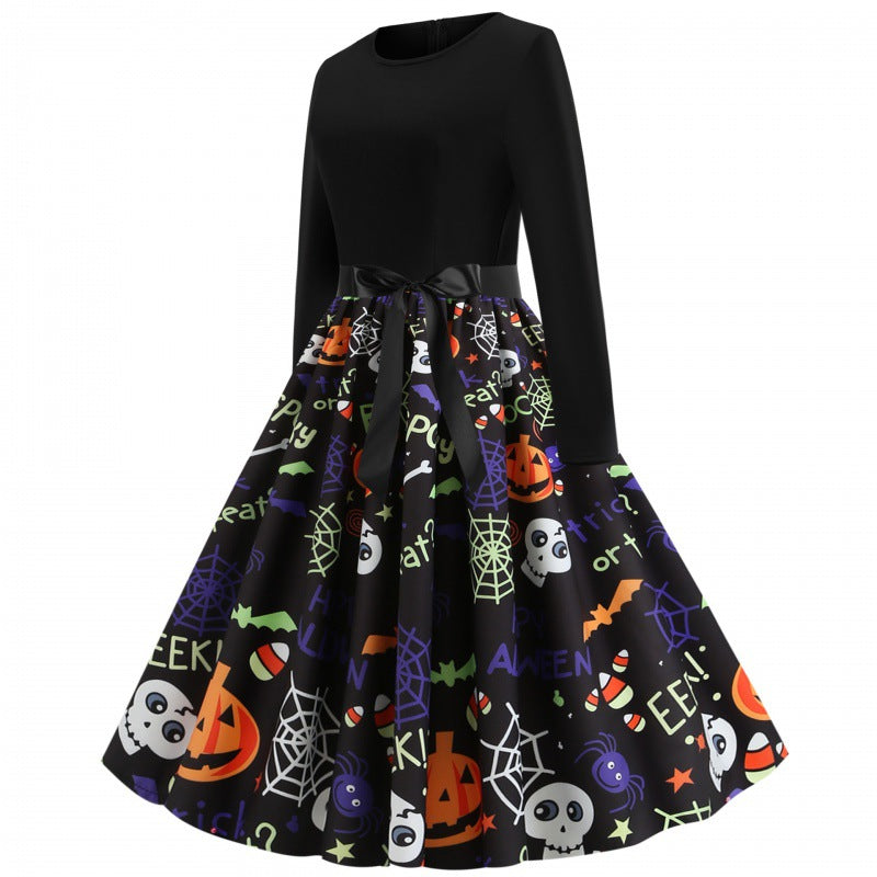 Damen Swingkleid mit Halloween-Print, taillierter Satin-Schärpe und langem Ärmel EB