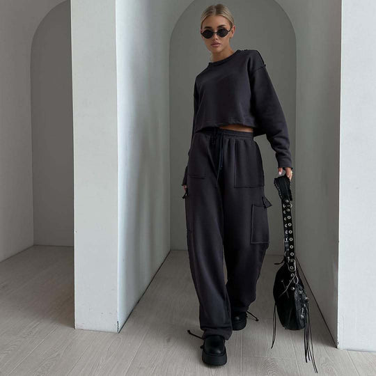 Damen kurzes Sweatshirt mit Kordelzug und Oversize-Ärmeln EB