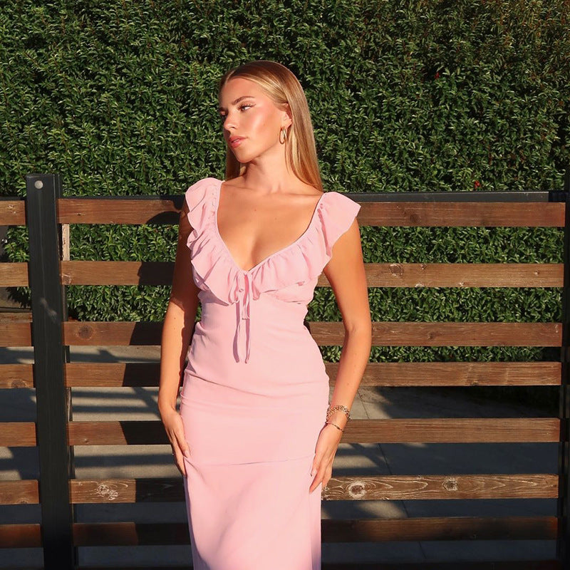 Damen figurbetontes Maxikleid mit Rüschendetails und V-Ausschnitt EB